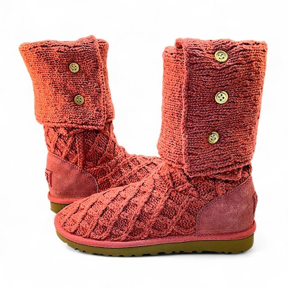 UGG Women's Pink Lattice Cardy Knit Sweater Boot Size 8 - Picture 2 of 10
